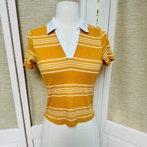 Vintage Y2K Crop Top, Yellow White Striped Collared V-Neck Short Sleeve Top